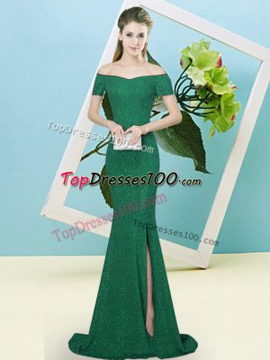 Fine Dark Green Sequined Zipper Off The Shoulder Short Sleeves Evening Dress Sweep Train Sequins