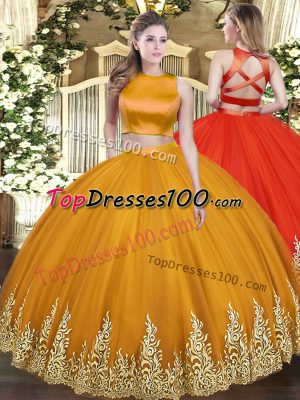 Luxury Floor Length Orange Sweet 16 Dress Tulle Sleeveless Appliques
