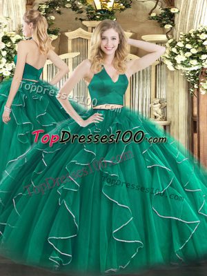 Dark Green Two Pieces Halter Top Sleeveless Organza Floor Length Zipper Ruffles Sweet 16 Quinceanera Dress