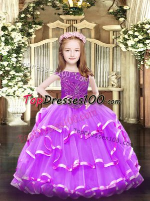 Lavender Organza Zipper Girls Pageant Dresses Sleeveless Floor Length Beading and Ruffled Layers
