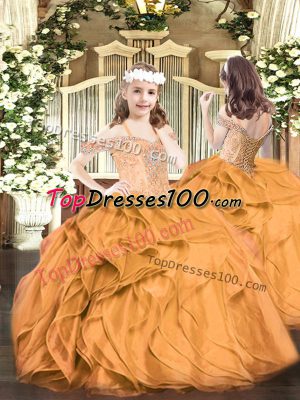 Popular Orange Red Ball Gowns Organza Off The Shoulder Sleeveless Beading and Ruffles Floor Length Lace Up Little Girls Pageant Dress Wholesale