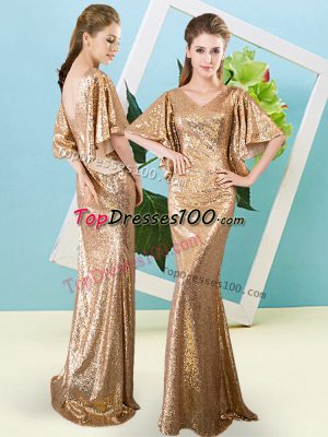 Customized Half Sleeves Floor Length Sequins Zipper with Gold