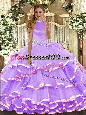 Colorful Halter Top Sleeveless Quinceanera Gown Floor Length Beading and Ruffled Layers Lavender Organza