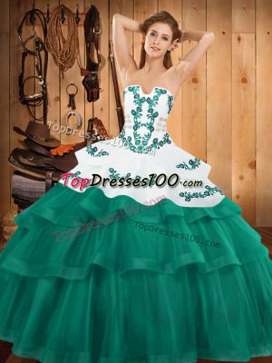 Turquoise Lace Up Strapless Embroidery and Ruffled Layers Quinceanera Dress Tulle Sleeveless Sweep Train