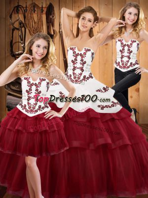 Strapless Sleeveless Quinceanera Dresses Sweep Train Embroidery and Ruffled Layers Burgundy Tulle