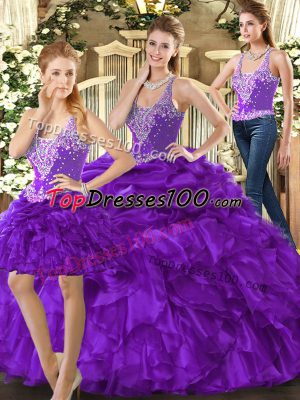 New Arrival Straps Sleeveless Lace Up Quinceanera Gown Purple Organza