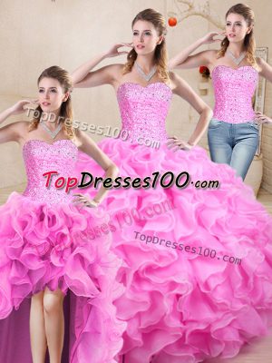 Captivating Rose Pink Ball Gowns Beading and Ruffles Sweet 16 Quinceanera Dress Lace Up Organza Sleeveless Floor Length