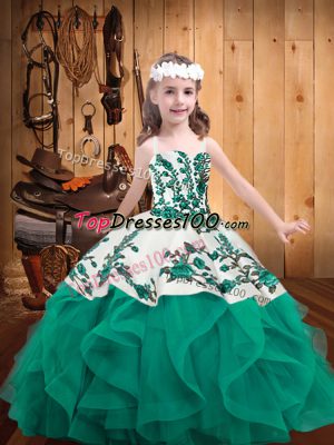 Affordable Straps Sleeveless Kids Formal Wear Embroidery and Ruffles Turquoise Organza