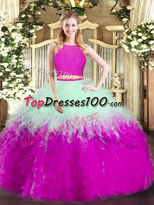 Multi-color Two Pieces Scoop Sleeveless Tulle Floor Length Zipper Ruffles Quince Ball Gowns