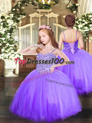 Floor Length Lavender Pageant Gowns For Girls Tulle Sleeveless Appliques