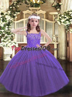 Superior Floor Length Lace Up Kids Formal Wear Purple for Sweet 16 and Quinceanera and Wedding Party with Beading
