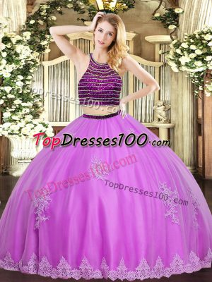 Luxury Halter Top Sleeveless Tulle Quince Ball Gowns Beading and Appliques Zipper