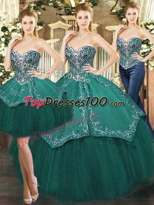 Dark Green Ball Gowns Sweetheart Sleeveless Tulle Floor Length Lace Up Beading and Appliques 15th Birthday Dress