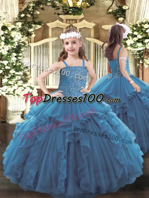 Floor Length Teal Party Dress for Toddlers Straps Sleeveless Lace Up