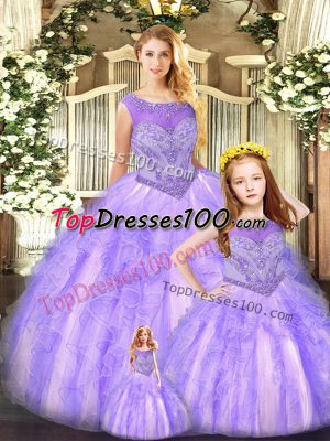 Lavender Quinceanera Gowns Military Ball and Sweet 16 and Quinceanera with Beading and Ruffles Scoop Sleeveless Lace Up