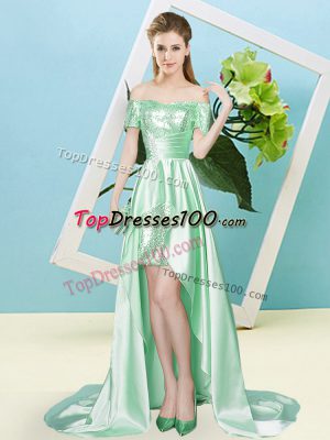 Best Apple Green Empire Sequins Homecoming Dress Lace Up Elastic Woven Satin and Sequined Short Sleeves High Low