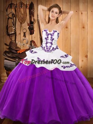 Eggplant Purple Lace Up Strapless Embroidery Quinceanera Dresses Satin and Organza Sleeveless