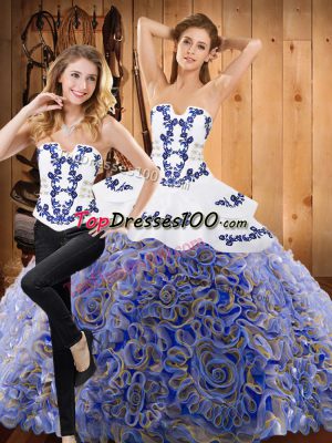 Latest Multi-color Two Pieces Embroidery Quince Ball Gowns Lace Up Fabric With Rolling Flowers Sleeveless