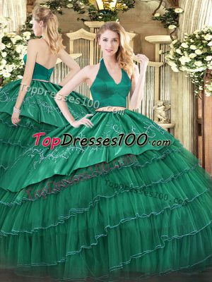 Extravagant Dark Green Sleeveless Floor Length Embroidery and Ruffled Layers Zipper Sweet 16 Dresses