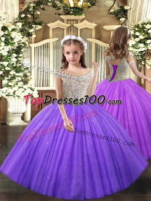 Graceful Lavender Tulle Lace Up Straps Sleeveless Floor Length Juniors Party Dress Beading