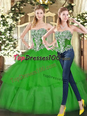 Decent Green Quinceanera Dress Military Ball and Sweet 16 and Quinceanera with Beading and Ruffled Layers Strapless Sleeveless Lace Up