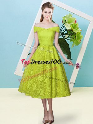 Customized Olive Green Off The Shoulder Neckline Bowknot Dama Dress Cap Sleeves Lace Up