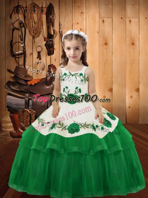 Gorgeous Organza Straps Sleeveless Lace Up Embroidery and Ruffled Layers Kids Formal Wear in Green