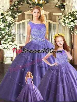 Sleeveless Floor Length Beading Lace Up Quinceanera Gown with Lavender
