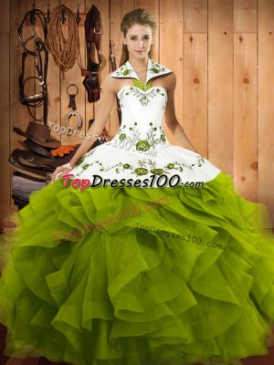 Best Olive Green Tulle Lace Up Halter Top Sleeveless Floor Length Quinceanera Gown Embroidery and Ruffles