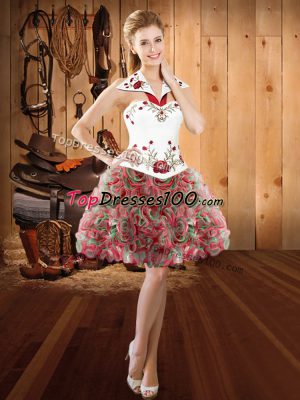 Low Price Multi-color Fabric With Rolling Flowers Lace Up Prom Party Dress Sleeveless Mini Length Embroidery