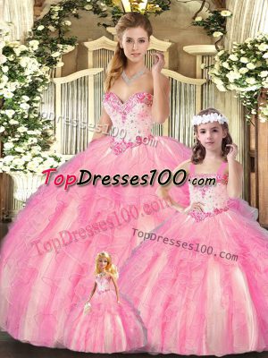Sweetheart Sleeveless 15th Birthday Dress Floor Length Beading and Ruffles Baby Pink Organza
