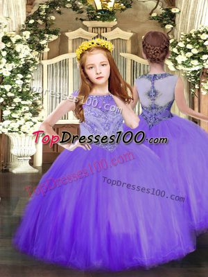 Adorable Beading Teens Party Dress Lavender Zipper Sleeveless Floor Length