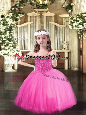 Luxurious Spaghetti Straps Sleeveless Tulle Little Girls Pageant Gowns Beading Lace Up
