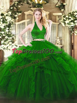 Low Price Green 15 Quinceanera Dress Military Ball and Sweet 16 and Quinceanera with Ruffles Halter Top Sleeveless Zipper