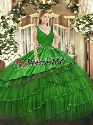 New Style Ball Gowns V-neck Sleeveless Satin and Tulle Floor Length Zipper Beading and Embroidery and Ruffled Layers 15th Birthday Dress