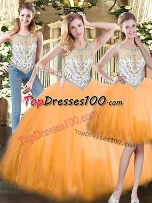 New Arrival Three Pieces Quinceanera Gown Orange Red Scoop Tulle Sleeveless Floor Length Zipper