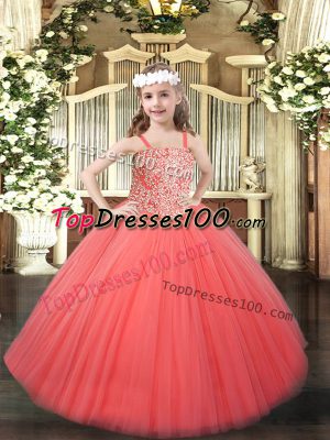 Coral Red Straps Lace Up Beading Little Girl Pageant Dress Sleeveless