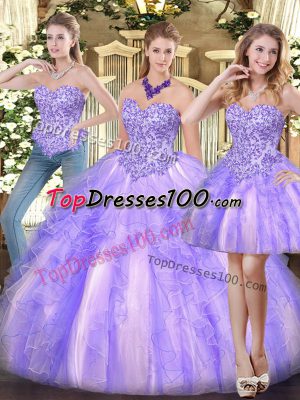 Best Selling Lavender Organza Zipper Quinceanera Gowns Sleeveless Floor Length Appliques and Ruffles