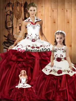 Wine Red 15th Birthday Dress Military Ball and Sweet 16 and Quinceanera with Embroidery and Ruffles Halter Top Sleeveless Lace Up
