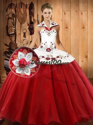 Ideal Wine Red Ball Gowns Satin and Tulle Halter Top Sleeveless Embroidery Floor Length Lace Up Sweet 16 Dresses