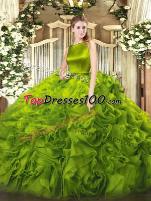 Olive Green Sleeveless Fabric With Rolling Flowers Clasp Handle Vestidos de Quinceanera for Military Ball and Sweet 16 and Quinceanera