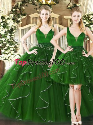 Suitable Floor Length Dark Green Sweet 16 Dress Straps Sleeveless Lace Up