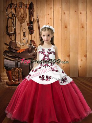 Dazzling Coral Red Sleeveless Embroidery Floor Length Girls Pageant Dresses