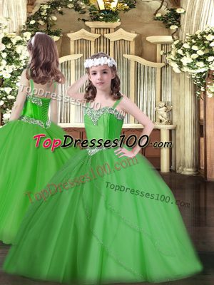 Sweep Train Ball Gowns Pageant Gowns For Girls Green Straps Tulle Sleeveless Lace Up