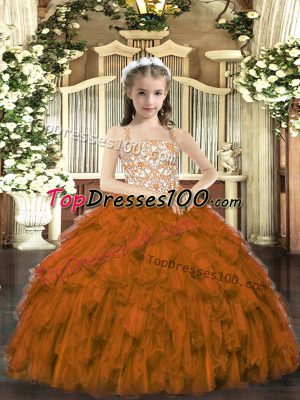 Brown Ball Gowns Straps Sleeveless Organza Floor Length Lace Up Beading and Ruffles Little Girls Pageant Dress