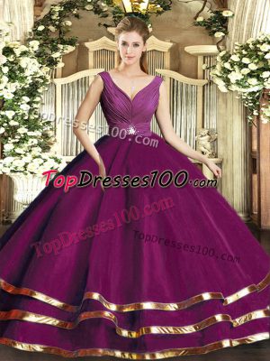 Fuchsia V-neck Neckline Beading and Ruffled Layers and Ruching Sweet 16 Dress Sleeveless Backless