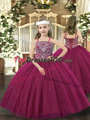 Floor Length Lace Up Kids Pageant Dress Fuchsia for Party and Quinceanera with Beading