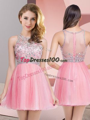 Custom Designed Rose Pink Sleeveless Mini Length Beading Zipper Dress for Prom
