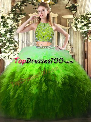 Fancy Multi-color Tulle Zipper High-neck Sleeveless Floor Length Sweet 16 Dress Beading and Ruffles