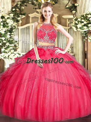 Suitable Red Tulle Zipper Scoop Sleeveless Floor Length 15 Quinceanera Dress Beading and Ruffles